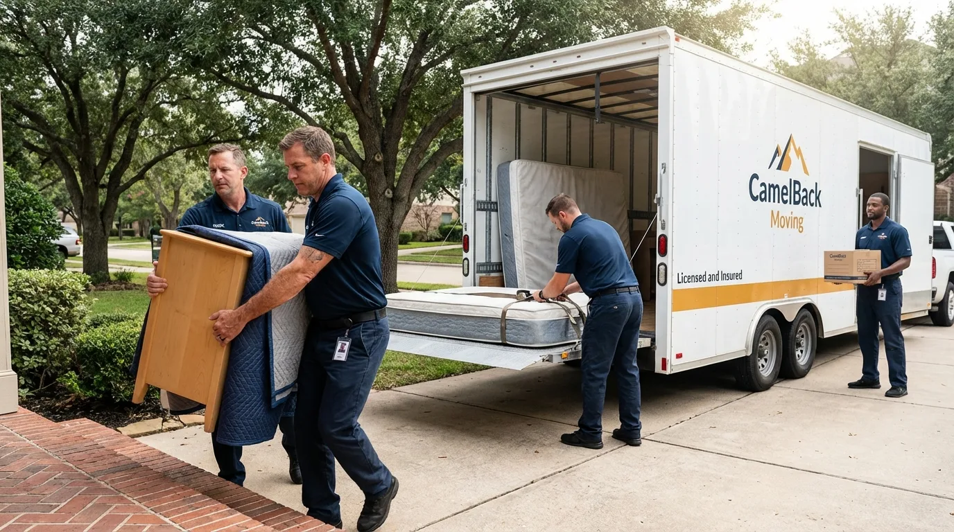 Crew loading residential truck for cross-state move from Oakfield, WI