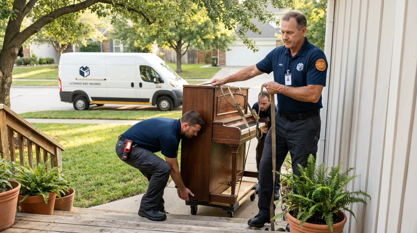 Licensed piano movers securing grand piano in Oakfield, WI