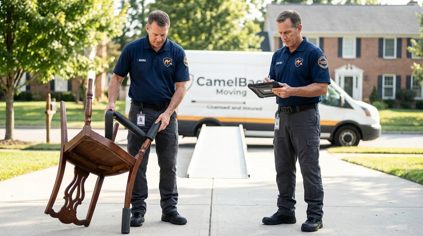 Movers inspecting furniture for damage prevention before loading in Oakfield, WI