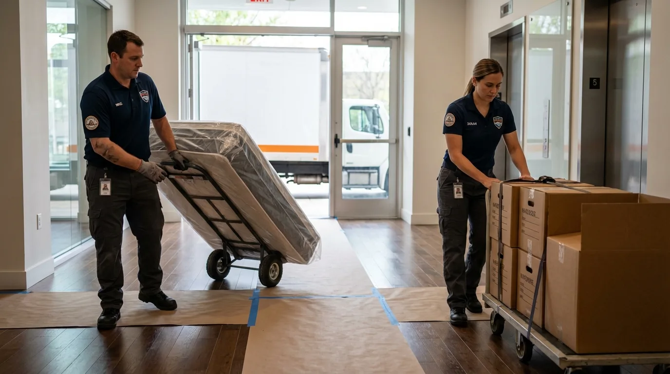 Professional apartment movers loading elevator in Oakfield, WI